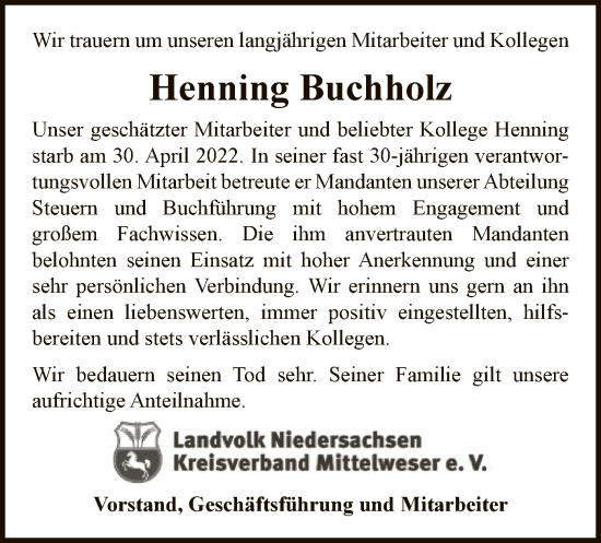 Traueranzeige von Henning Buchholz von SYK