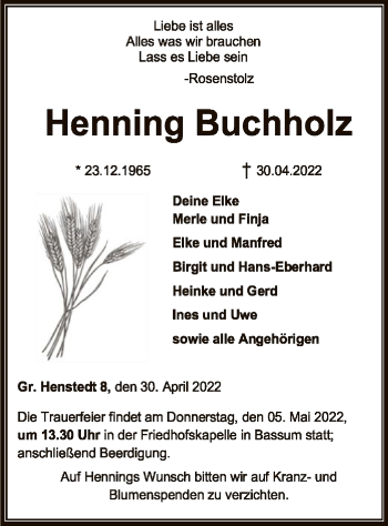 Traueranzeige von Henning Buchholz von SYK