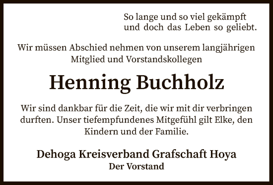 Traueranzeige von Henning Buchholz von SYK