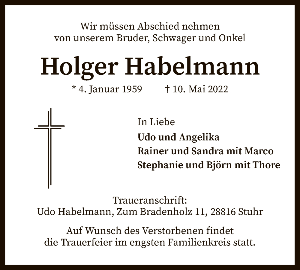  Traueranzeige für Holger Habelmann vom 14.05.2022 aus SYK