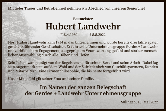 Traueranzeige von Hubert Landwehr von SYK