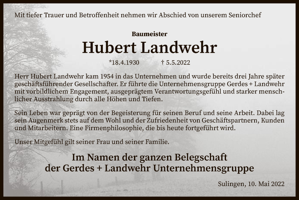  Traueranzeige für Hubert Landwehr vom 10.05.2022 aus SYK