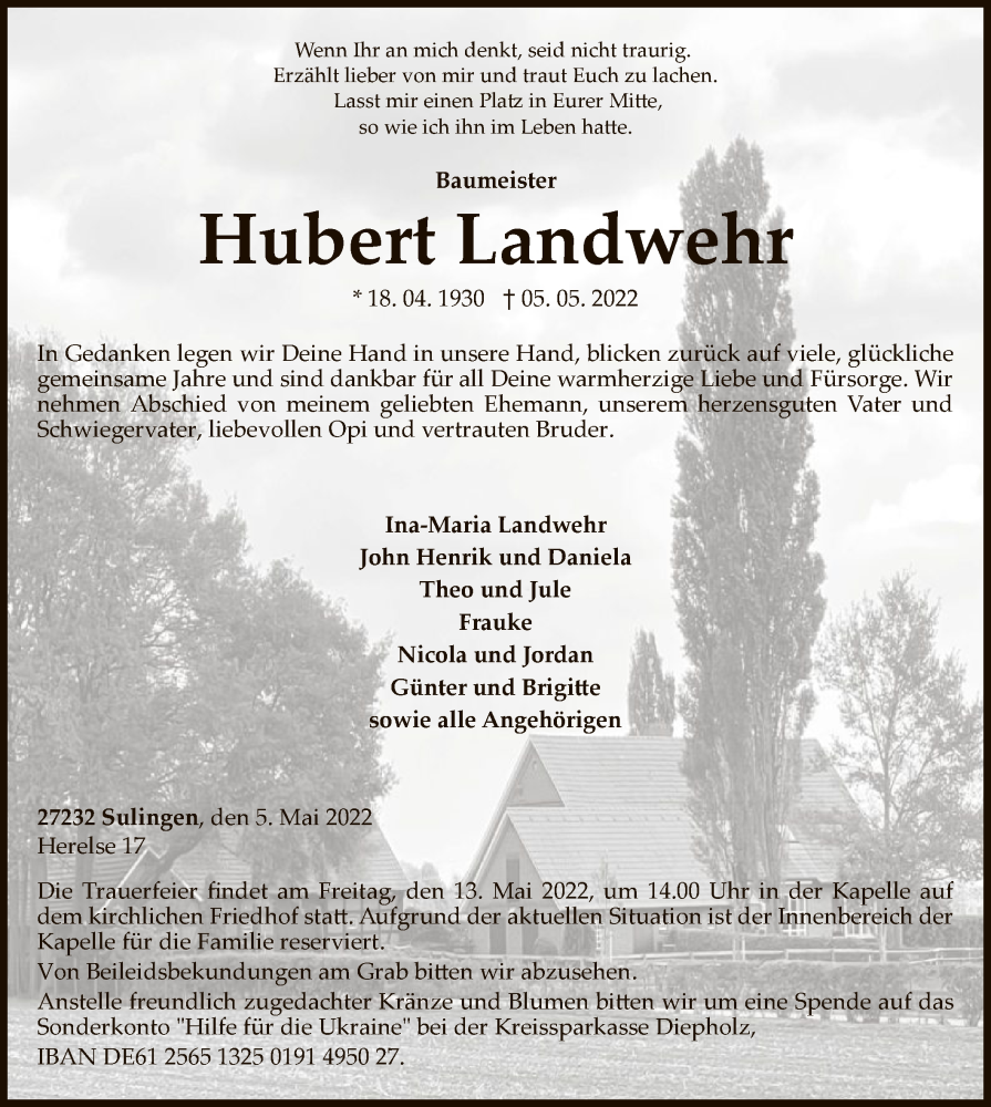  Traueranzeige für Hubert Landwehr vom 10.05.2022 aus SYK