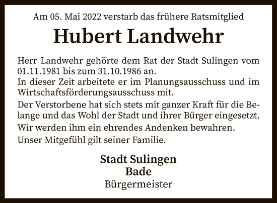 Traueranzeige von Hubert Landwehr von SYK