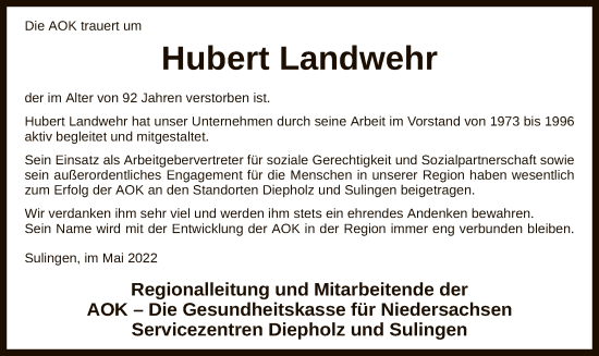 Traueranzeige von Hubert Landwehr von SYK