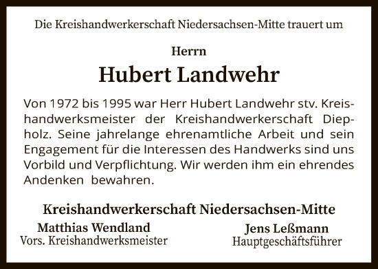 Traueranzeige von Hubert Landwehr von SYK