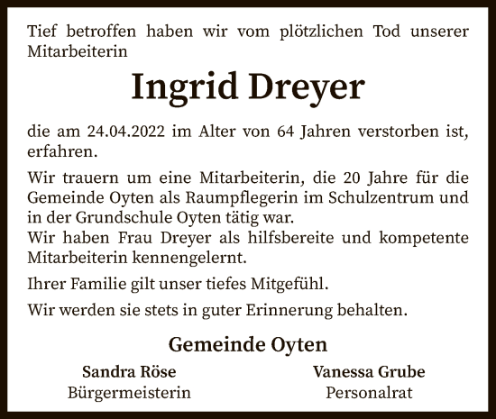 Traueranzeige von Ingrid Dreyer von SYK