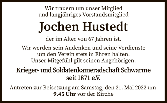 Traueranzeige von Jochen Hustedt von SYK