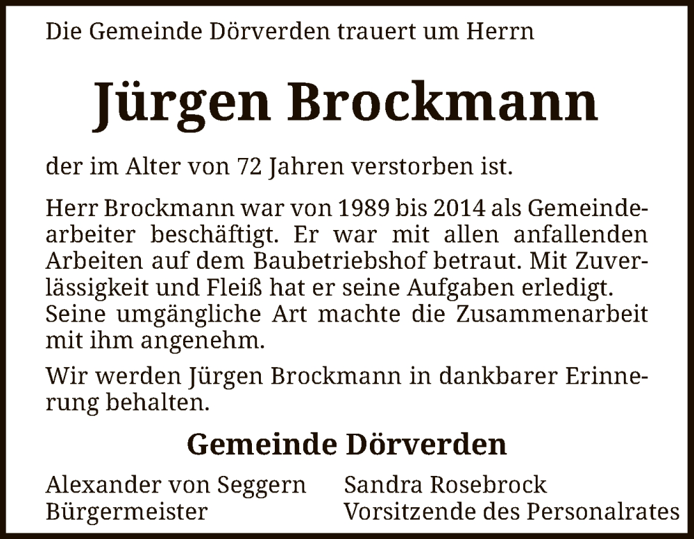  Traueranzeige für Jürgen Brockmann vom 14.05.2022 aus SYK
