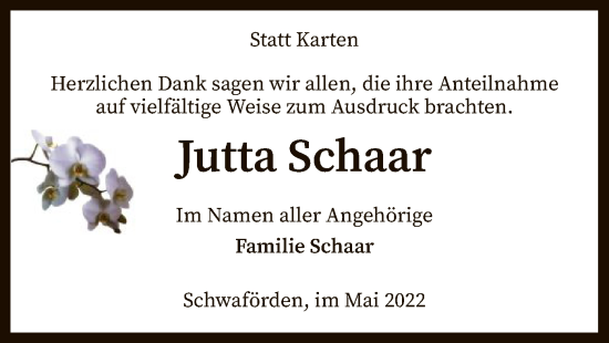 Traueranzeige von Jutta Schaar von SYK