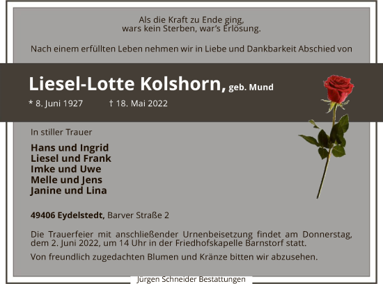 Traueranzeige von Liesel-Lotte Kolshorn von SYK