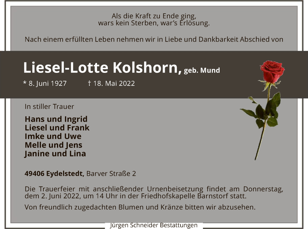  Traueranzeige für Liesel-Lotte Kolshorn vom 21.05.2022 aus SYK