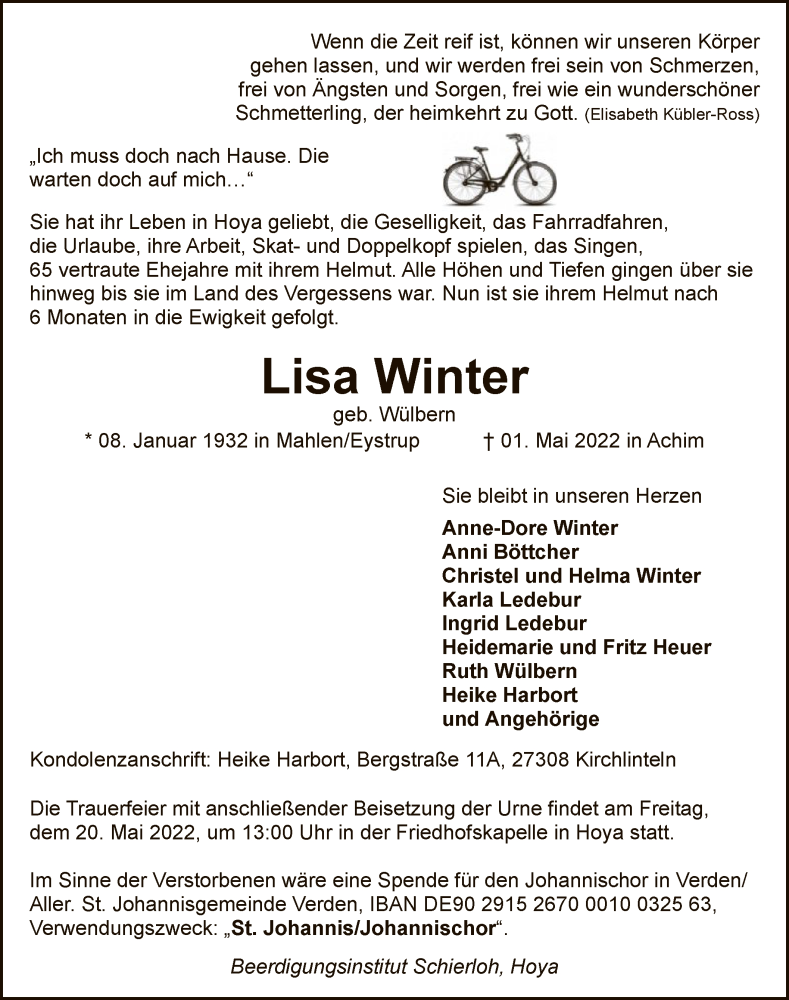  Traueranzeige für Lisa Winter vom 14.05.2022 aus SYK