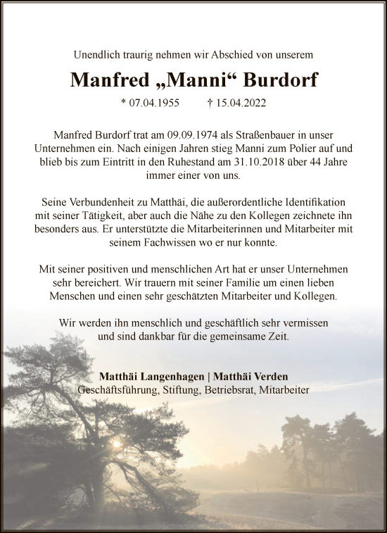 Traueranzeige von Manfred Burdorf von SYK