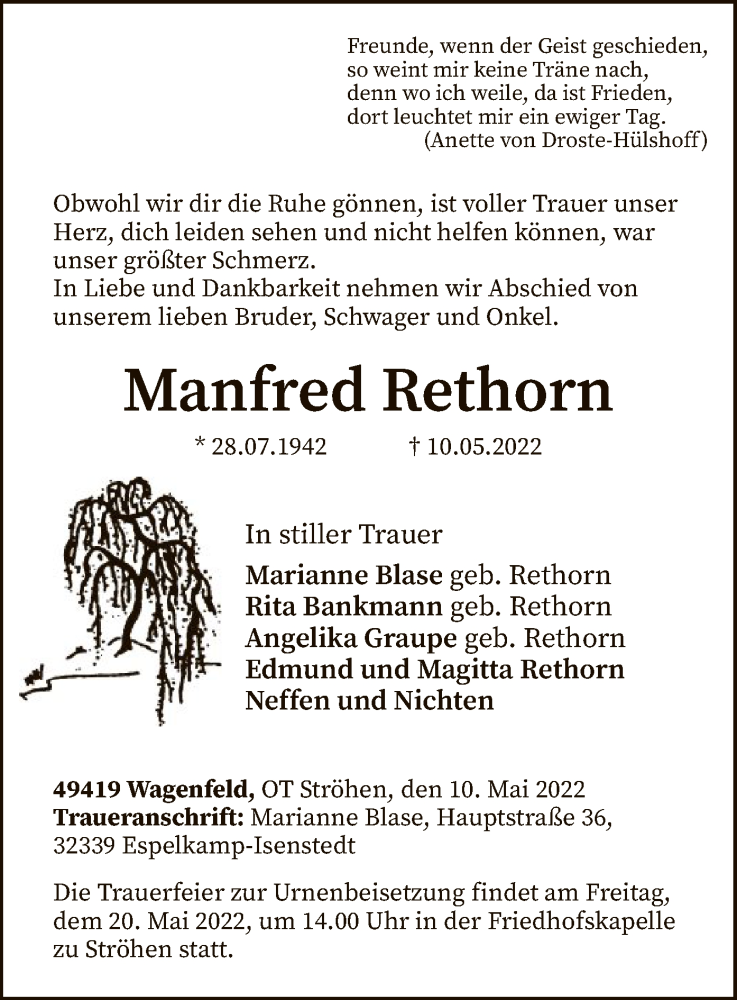 Traueranzeige für Manfred Rethorn vom 13.05.2022 aus SYK