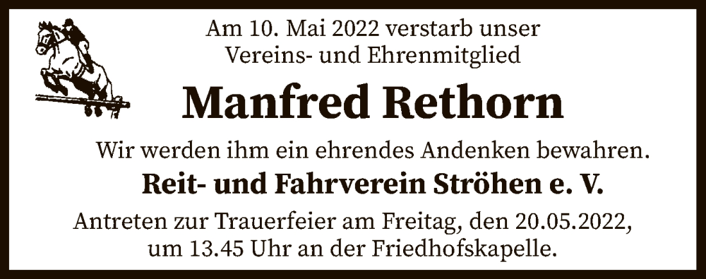  Traueranzeige für Manfred Rethorn vom 17.05.2022 aus SYK