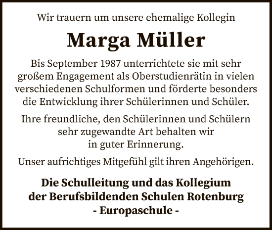 Traueranzeige von Marga Müller von SYK