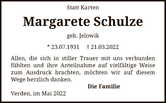 Traueranzeige von Margarete Schulze von SYK