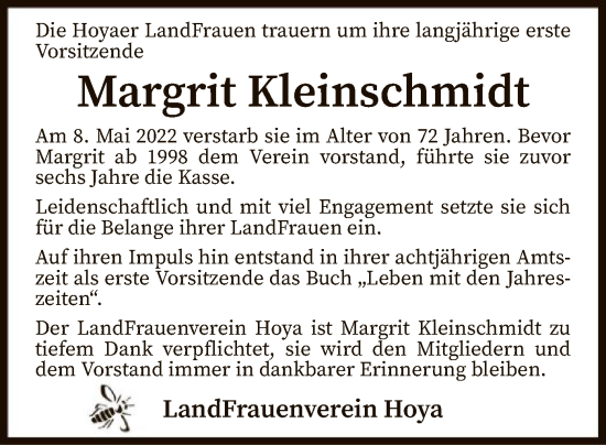 Traueranzeige von Margrit Kleinschmidt von SYK