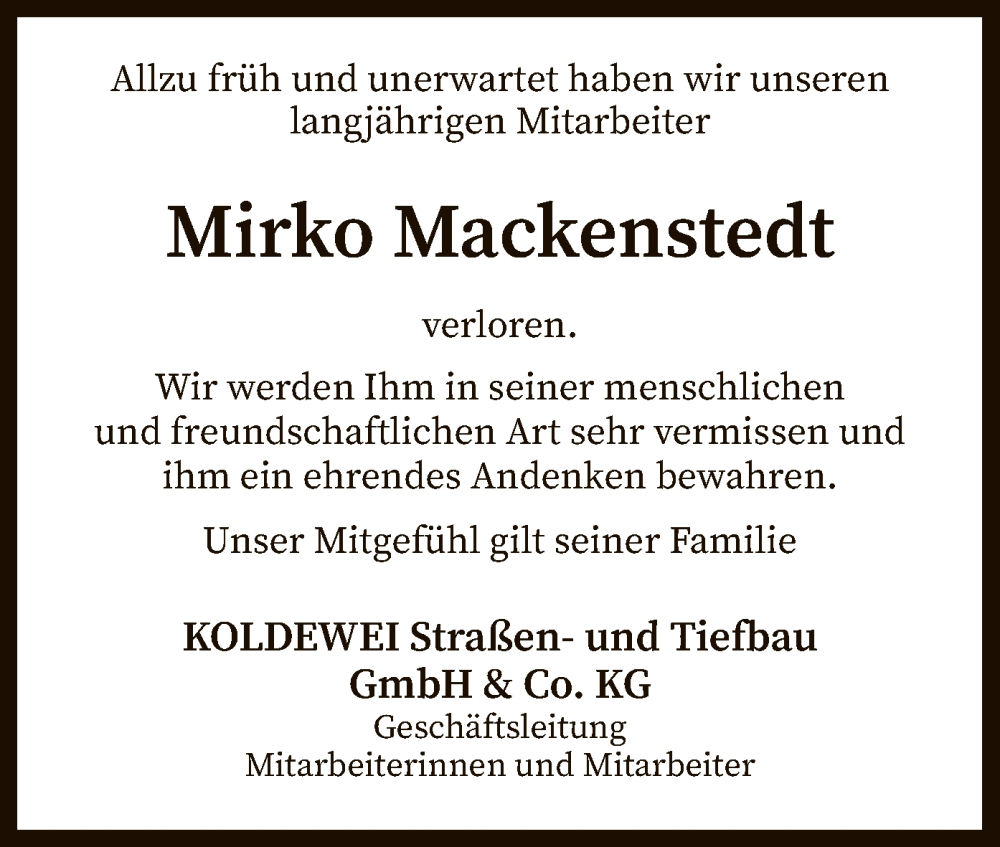  Traueranzeige für Mirko Mackenstedt vom 21.05.2022 aus SYK