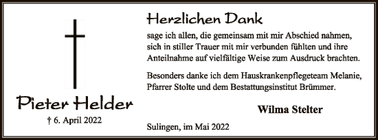 Traueranzeige von Pieter Helder von SYK