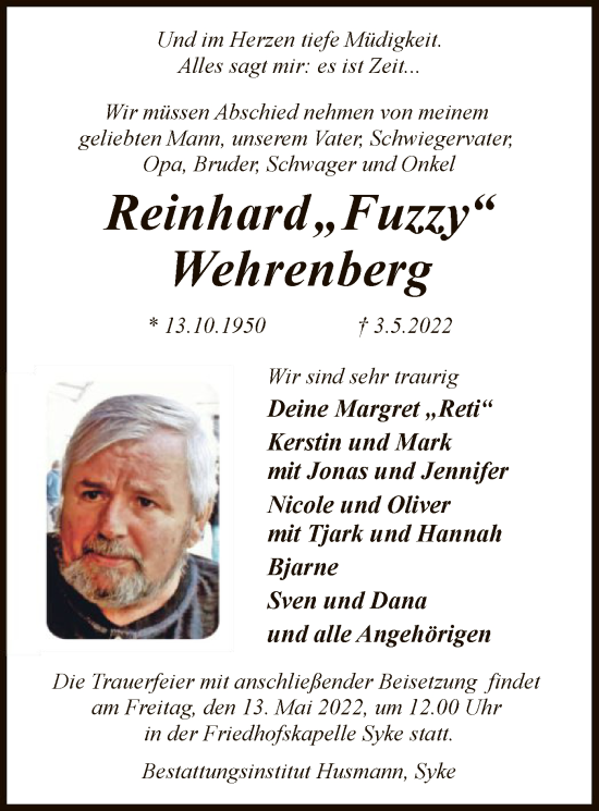 Traueranzeige von Reinhard Wehrenberg von SYK