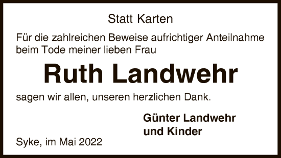 Traueranzeige von Ruth Landwehr von SYK