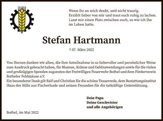 Traueranzeige von Stefan Hartmann von SYK