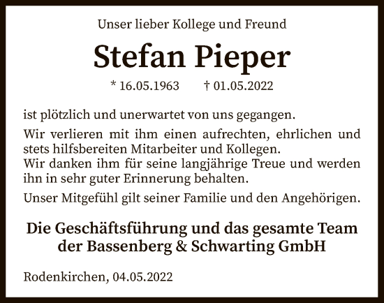 Traueranzeige von Stefan Pieper von SYK