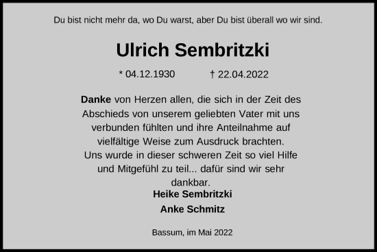 Traueranzeige von Ulrich Sembritzki von SYK