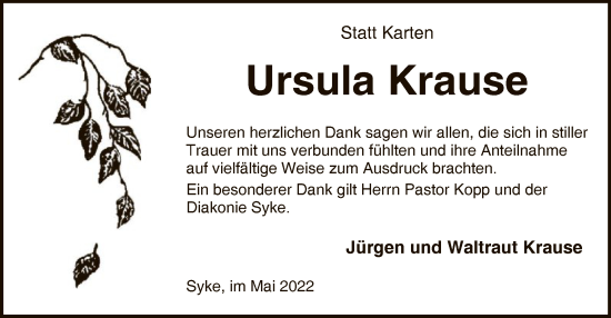 Traueranzeige von Ursula Krause von SYK