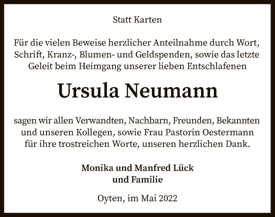 Traueranzeige von Ursula Neumann von SYK