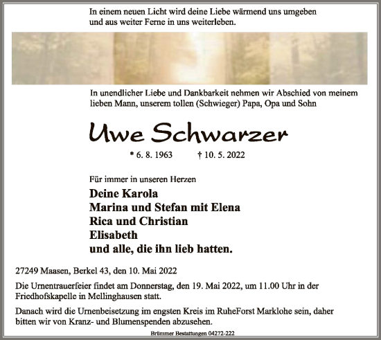 Traueranzeige von Uwe Schwaezept von SYK