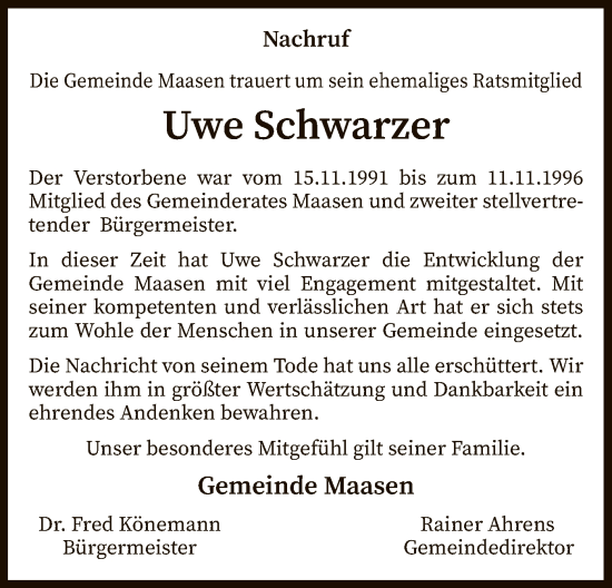 Traueranzeige von Uwe Schwarzer von SYK