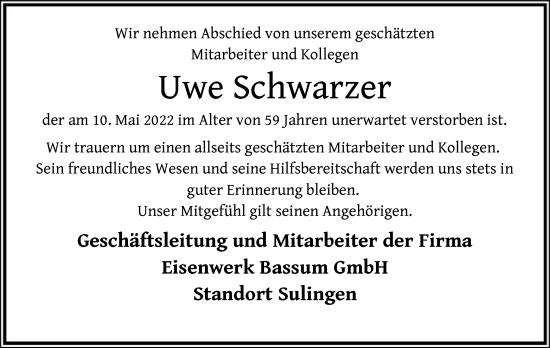 Traueranzeige von Uwe Schwarzer von SYK
