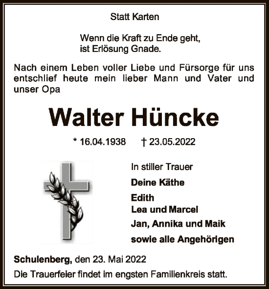 Traueranzeige von Walter Hüncke von SYK