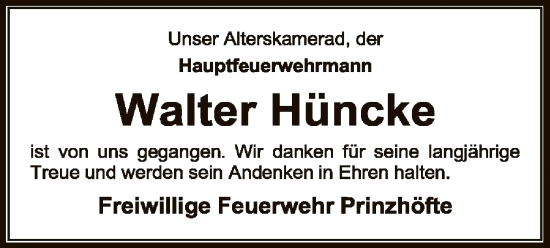 Traueranzeige von Walter Hüncke von SYK