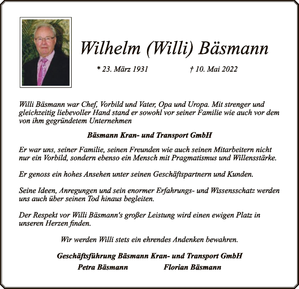  Traueranzeige für Wilhelm Bäsmann vom 14.05.2022 aus SYK