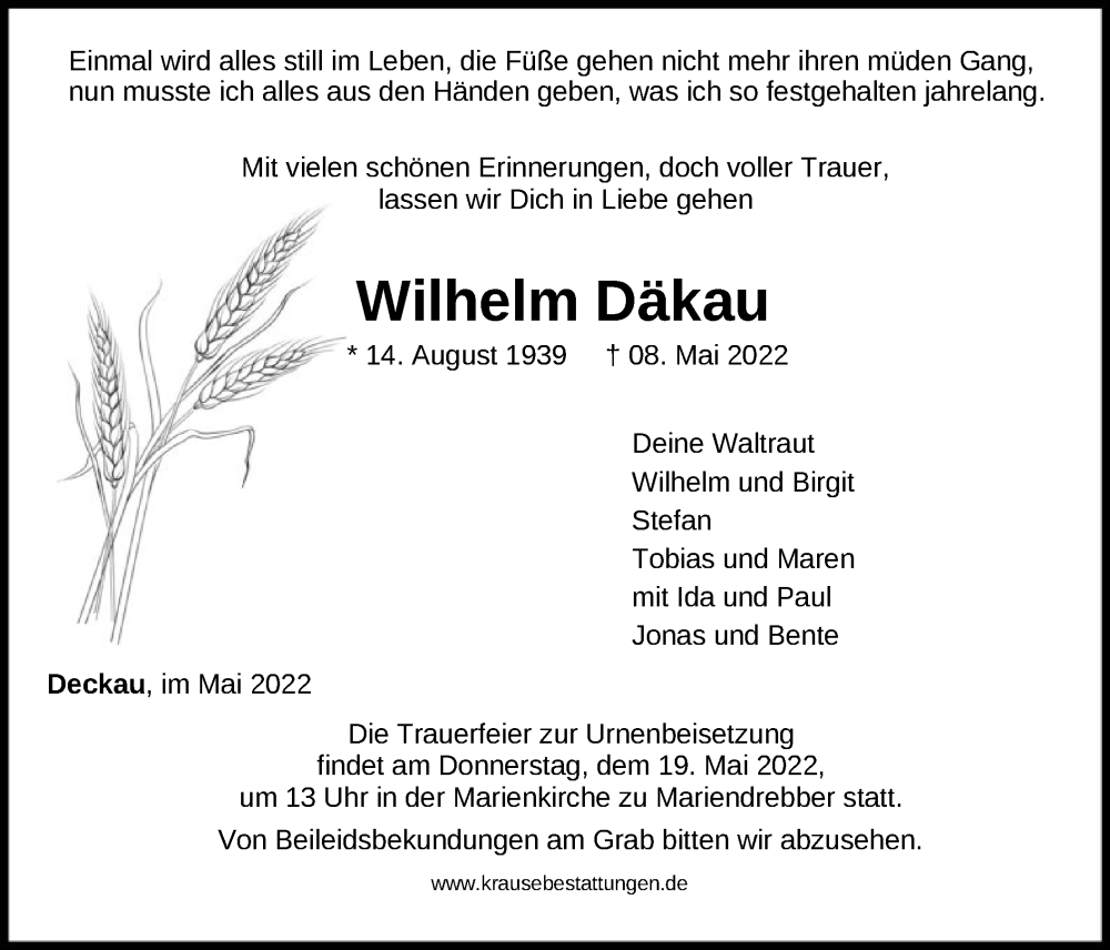  Traueranzeige für Wilhelm Däkau vom 12.05.2022 aus SYK