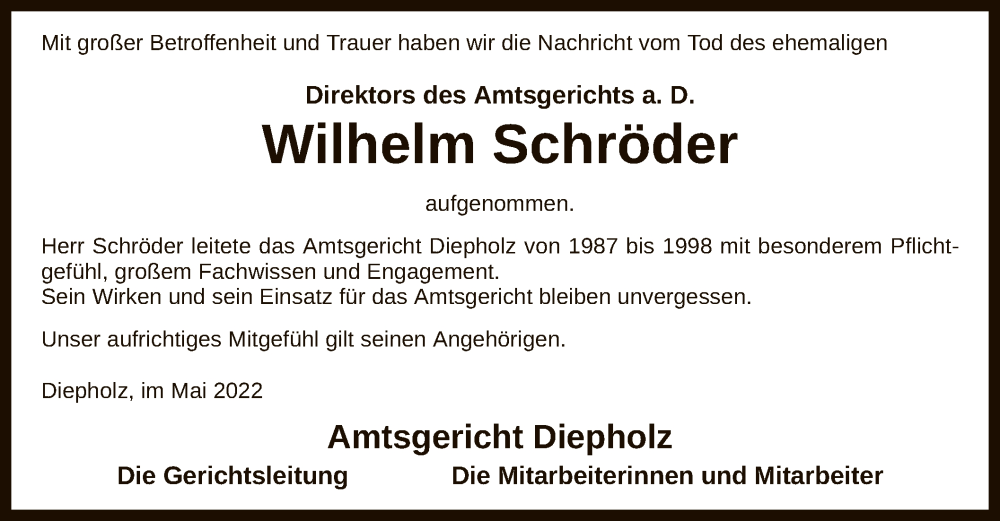  Traueranzeige für Wilhelm Schröder vom 18.05.2022 aus SYK