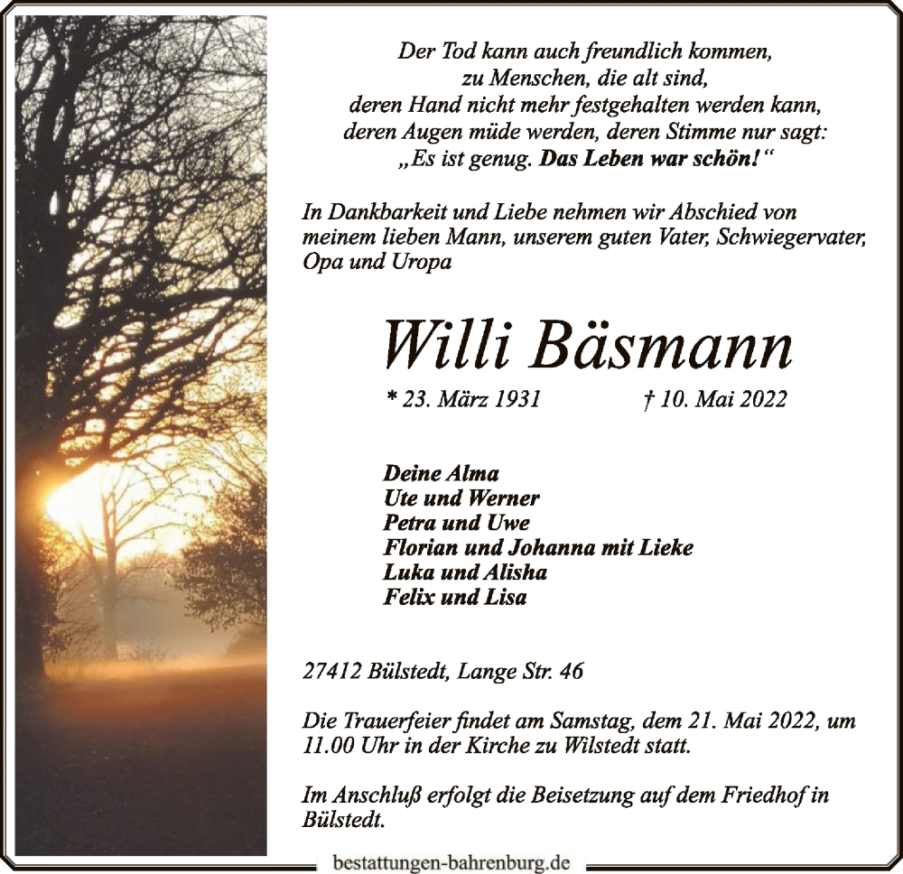  Traueranzeige für Willi Bäsmann vom 14.05.2022 aus SYK