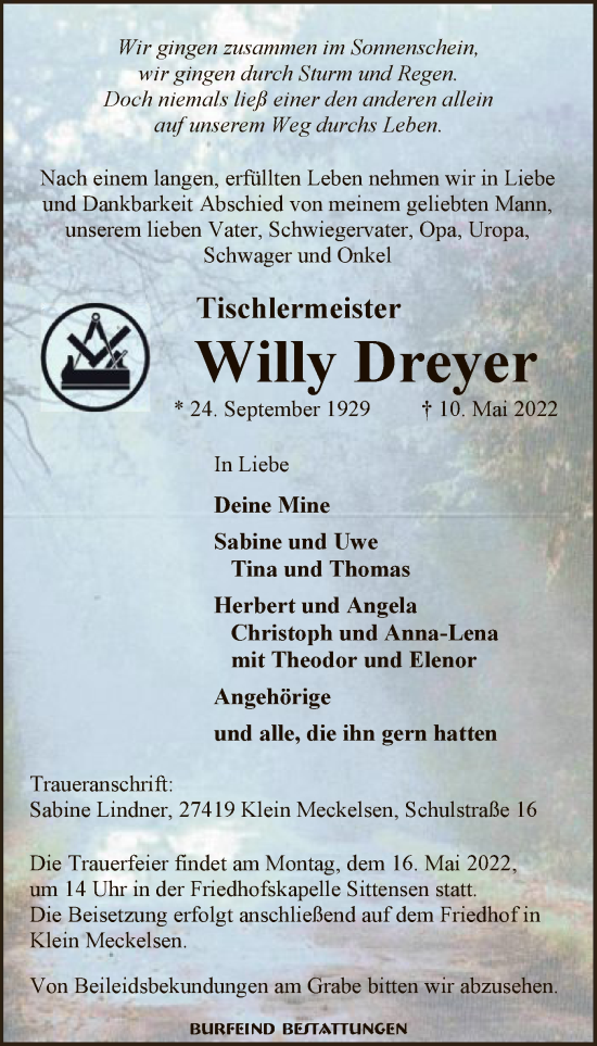 Traueranzeige von Willy Dreyer von SYK