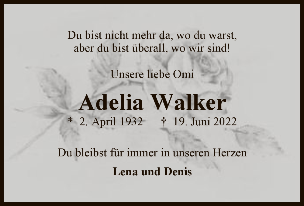  Traueranzeige für Adelia Walker vom 21.06.2022 aus SYK
