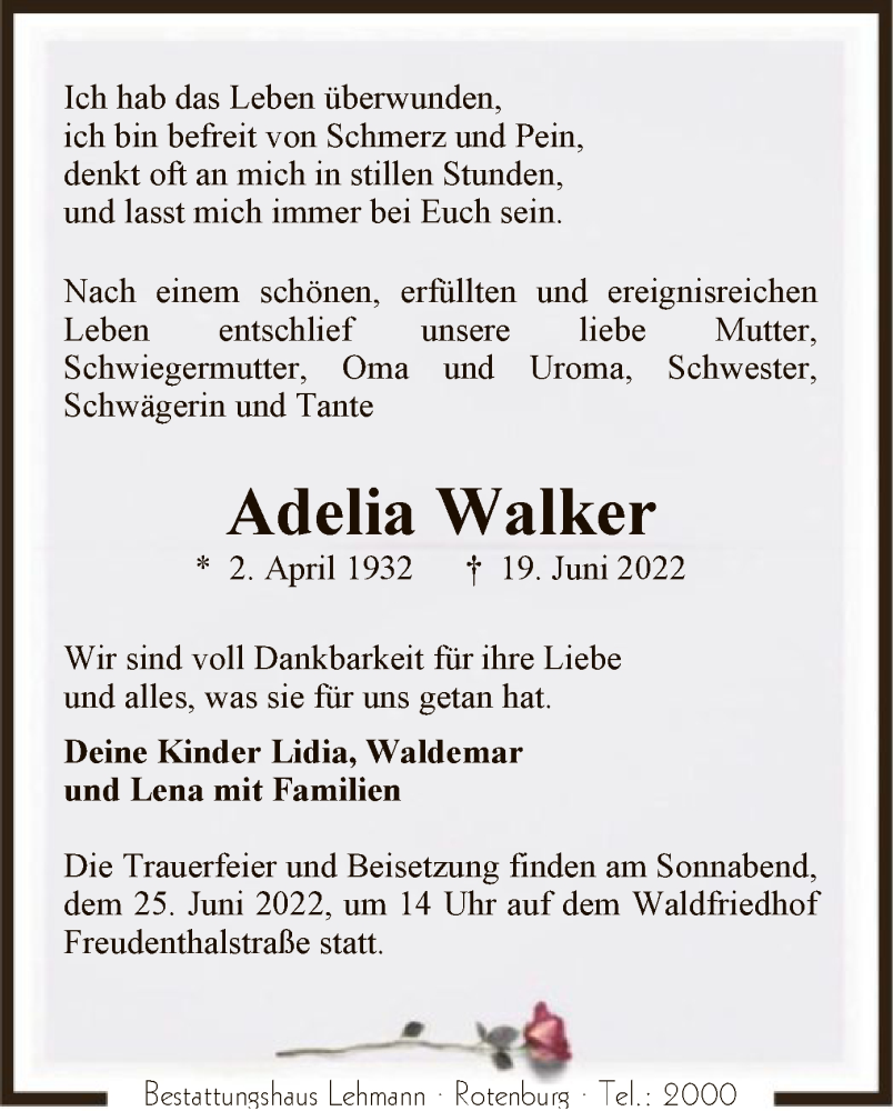  Traueranzeige für Adelia Walker vom 21.06.2022 aus SYK