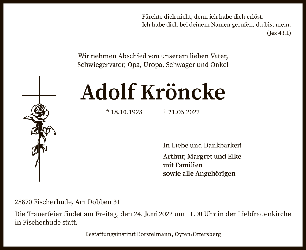  Traueranzeige für Adolf Kröncke vom 22.06.2022 aus SYK