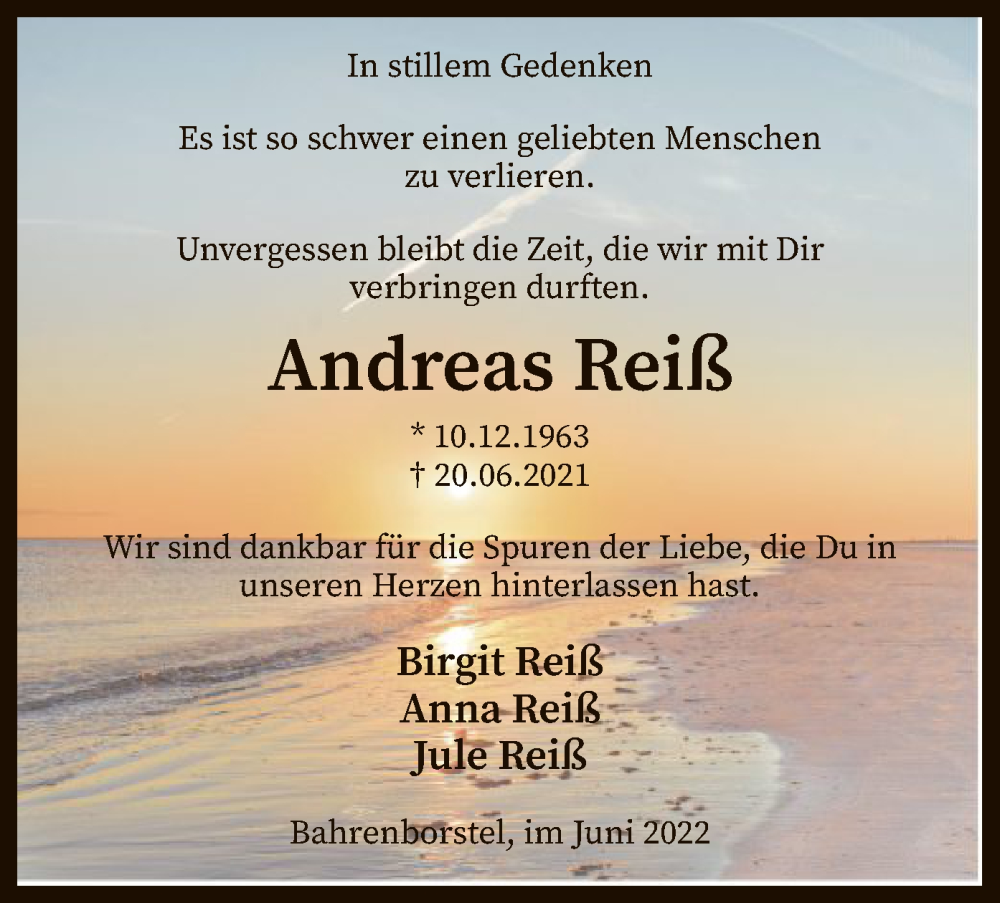  Traueranzeige für Andreas Reiß vom 25.06.2022 aus SYK