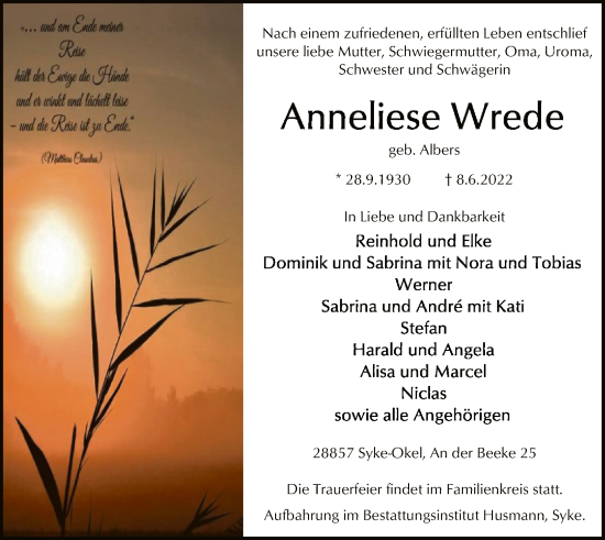 Traueranzeige von Anneliese Wrede von SYK