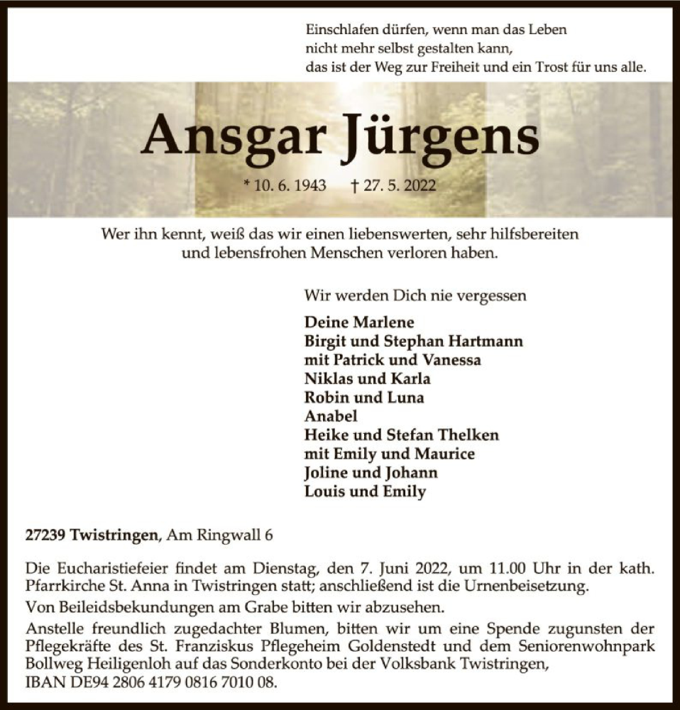  Traueranzeige für Ansgar Jürgens vom 01.06.2022 aus SYK
