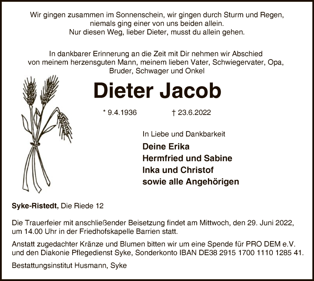  Traueranzeige für Dieter Jacob vom 25.06.2022 aus SYK