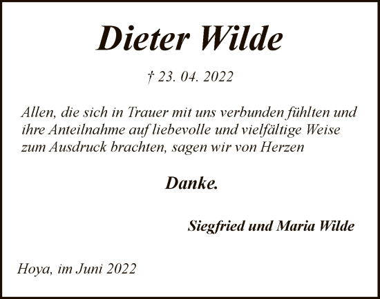 Traueranzeige von Dieter Wilde von SYK